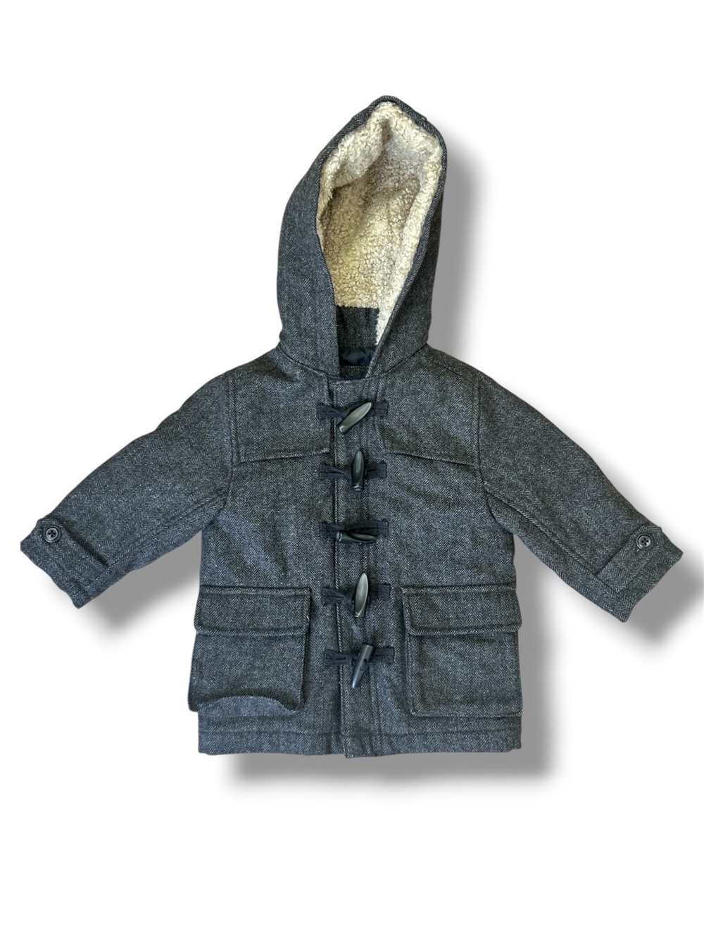 BABY GAP Size 3 Wool Blend Dark Gray Duffel Coat FAUX SHERPA LINED HOODIE